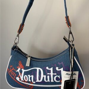 Von Dutch Denim Shoulder Bag with Orange and Purple Accents